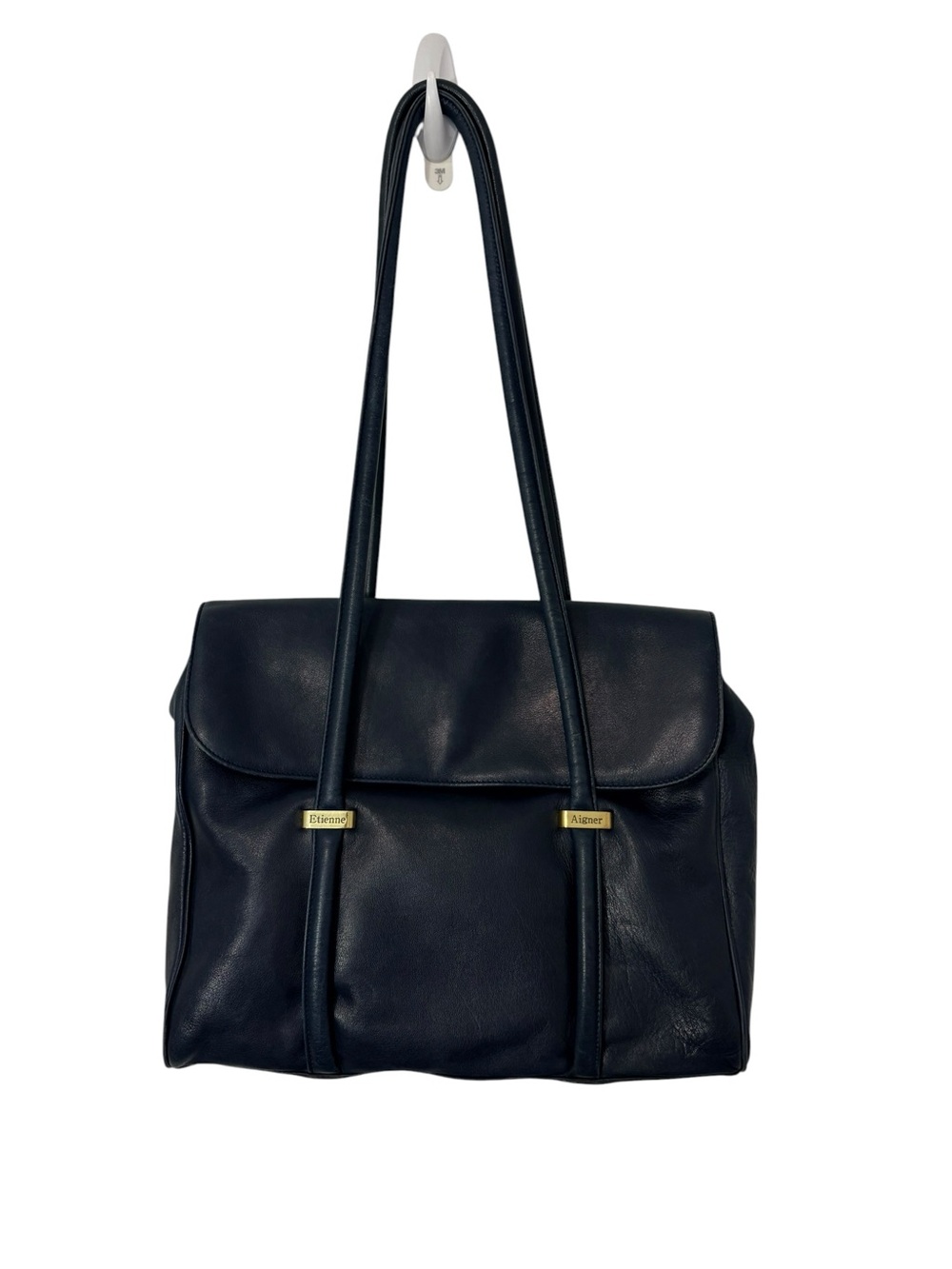 Etienne Aigner Vintage Navy Blue Leather Shoulder Bag Flap Purse Gold Hardware